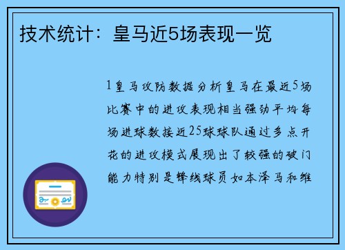 技术统计：皇马近5场表现一览